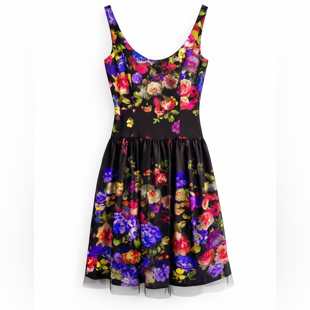 Milly Black Multicolor Floral Fit & Flare Dress Sleeveless Tulle Hem Size 6